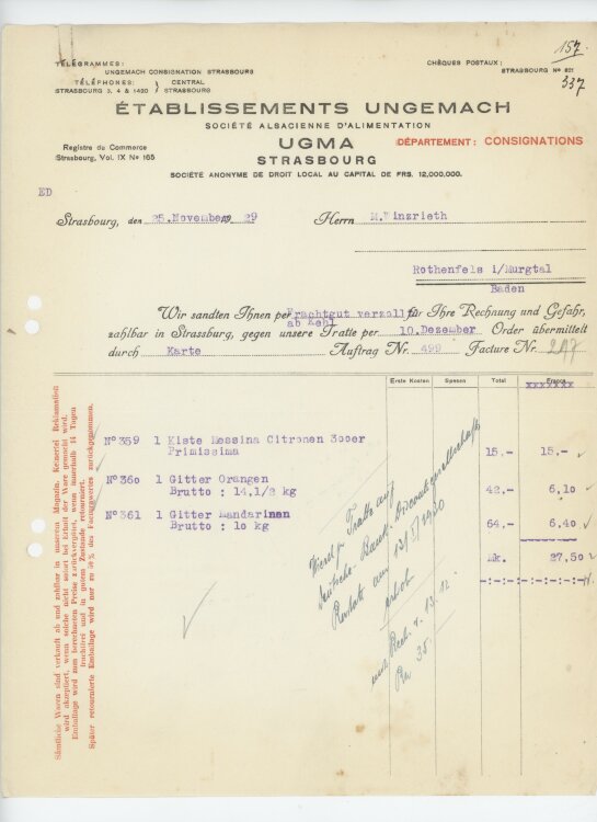 Firma M. Winzrieth (Kaufhaus)an Établissements Ungemach Société Alsacienne dAlimentation- Rechnung - 25.11.1929