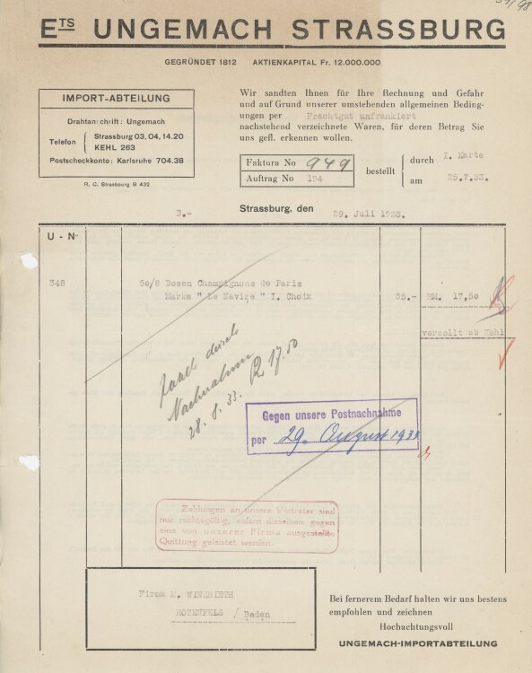 Firma M. Winzrieth (Kaufhaus)an Établissements Ungemach Société Alsacienne dAlimentation- Rechnung - 29.07.1933