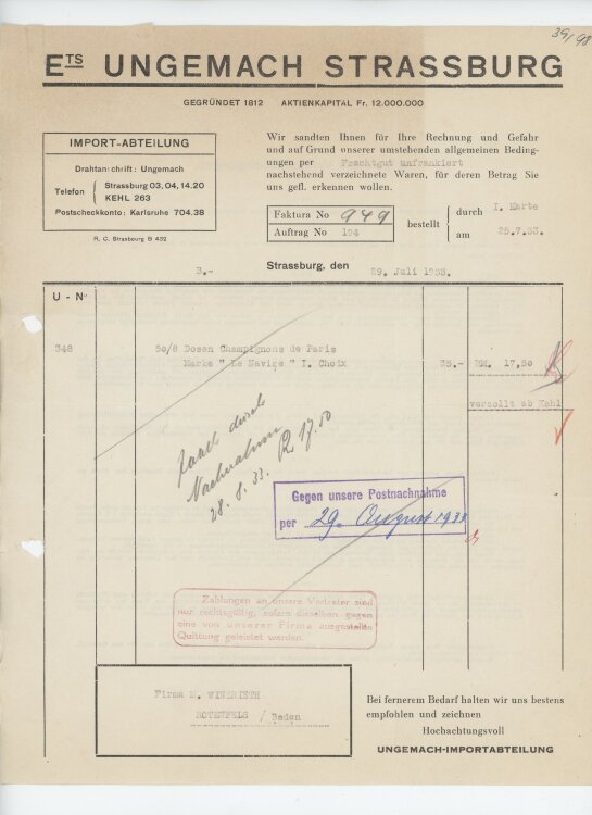 Firma M. Winzrieth (Kaufhaus)an Établissements Ungemach Société Alsacienne dAlimentation- Rechnung - 29.07.1933