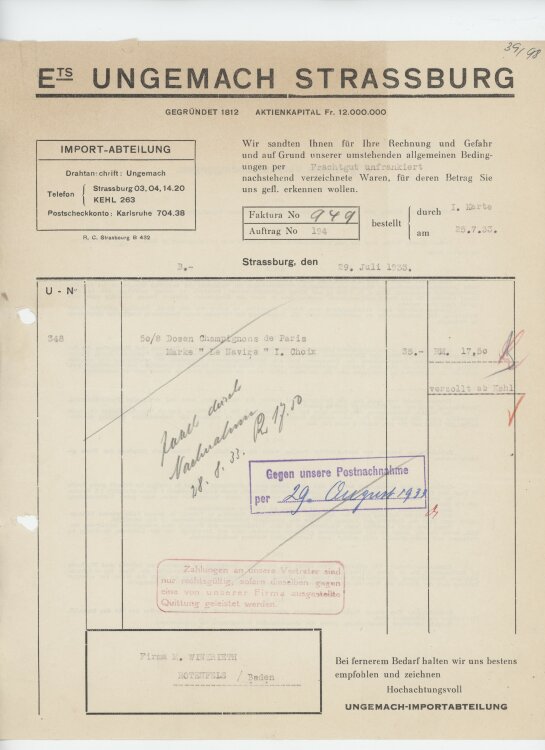 Firma M. Winzrieth (Kaufhaus)an Établissements Ungemach Société Alsacienne dAlimentation- Rechnung - 29.07.1933