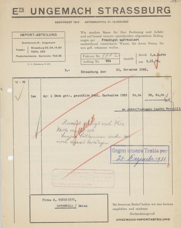 Firma M. Winzrieth (Kaufhaus)an Établissements Ungemach Société Alsacienne dAlimentation- Rechnung - 21.11.1933