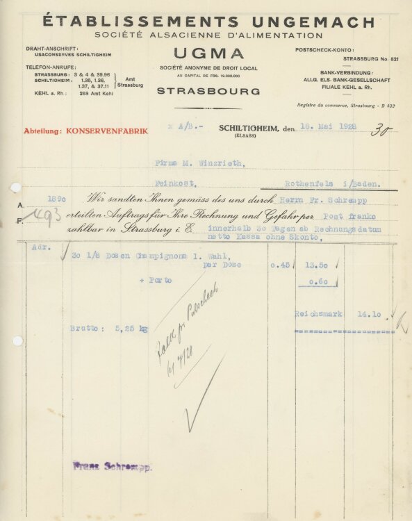 Firma M. Winzrieth (Kaufhaus)an Établissements Ungemach Société Alsacienne dAlimentation- Rechnung - 18.05.1928