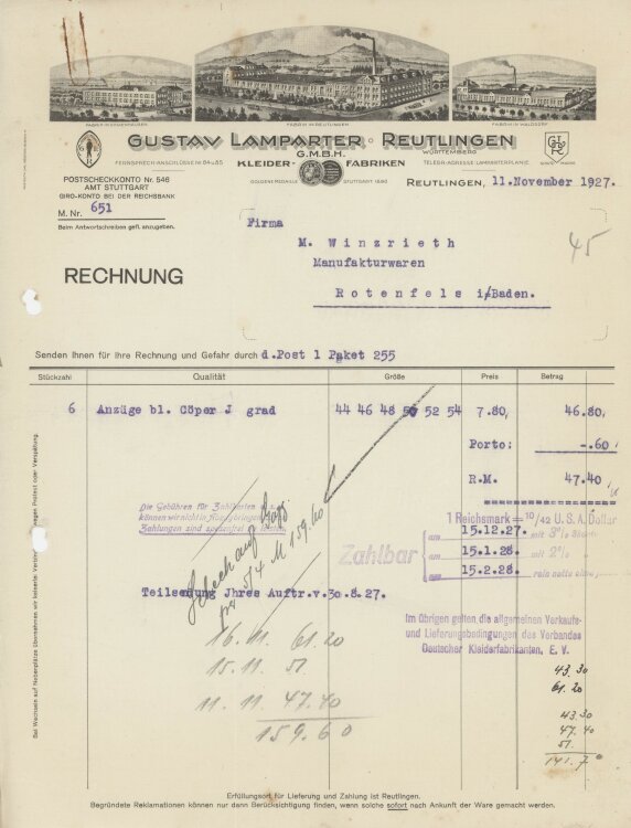 Firma M. Winzrieth (Kaufhaus)an Gustav Lamparter GmbH- Rechnung - 11.11.1927