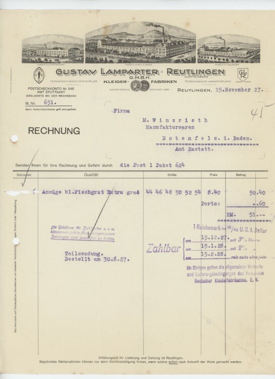 Firma M. Winzrieth (Kaufhaus)an Gustav Lamparter GmbH- Rechnung - 15.11.1927