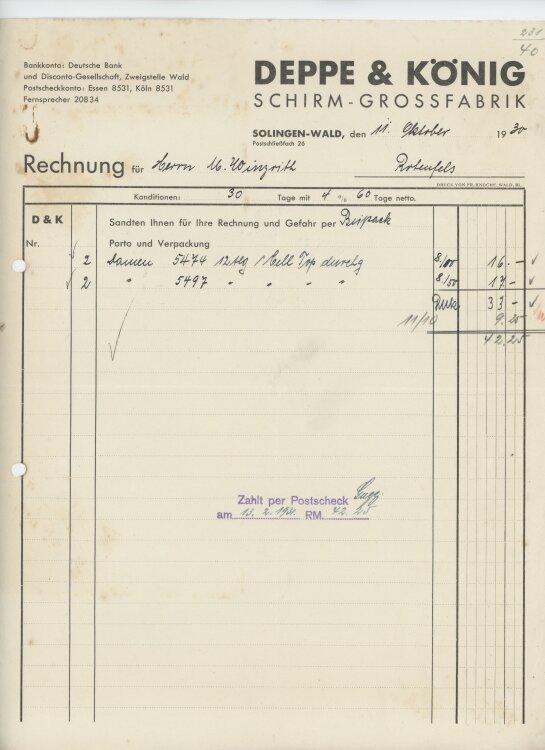 Firma M. Winzrieth (Kaufhaus)an Deppe & König Schirm-Grossfabrik- Rechnung - 11.10.1930