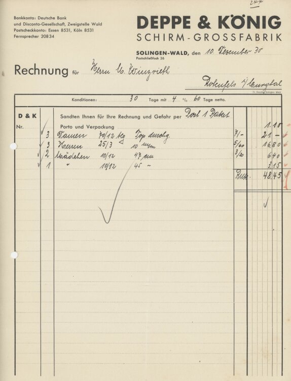 Firma M. Winzrieth (Kaufhaus)an Deppe & König Schirm-Grossfabrik- Rechnung - 10.12.1930