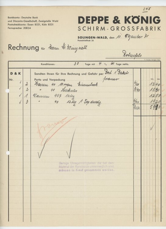 Firma M. Winzrieth (Kaufhaus)an Deppe & König Schirm-Grossfabrik- Rechnung - 11.12.1930