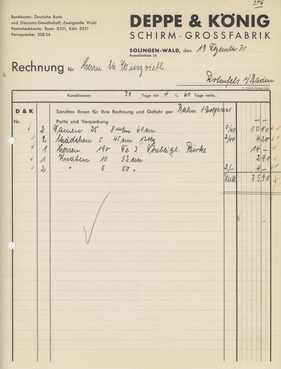 Firma M. Winzrieth (Kaufhaus)an Deppe & König Schirm-Grossfabrik- Rechnung - 17.12.1930