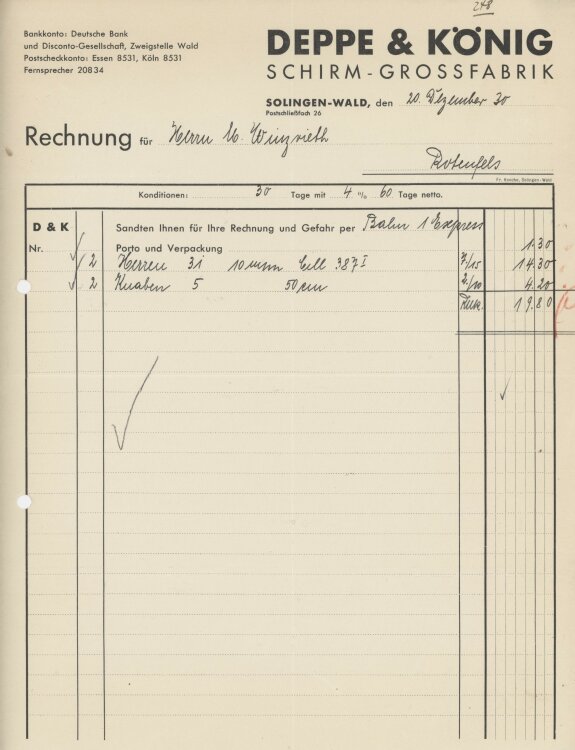 Firma M. Winzrieth (Kaufhaus)an Deppe & König Schirm-Grossfabrik- Rechnung - 20.12.1930