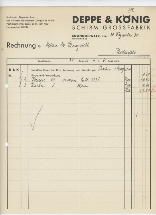 Firma M. Winzrieth (Kaufhaus)an Deppe & König Schirm-Grossfabrik- Rechnung - 20.12.1930