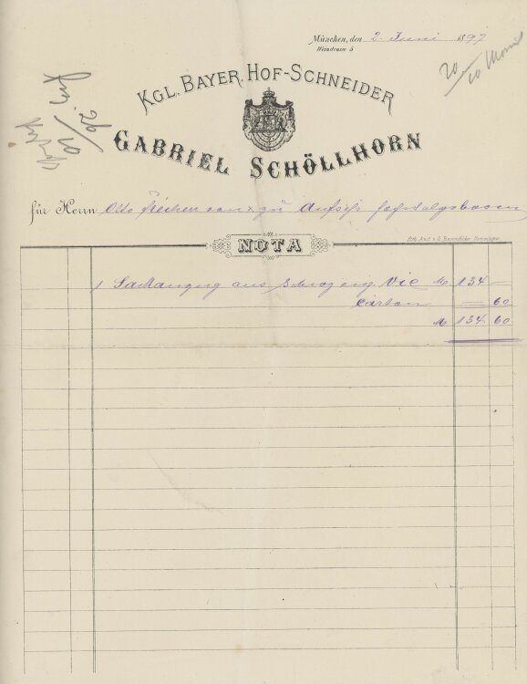 Otto von und zu Aufsessan Gabriel Schöllhorn- Rechnung - 02.06.1897