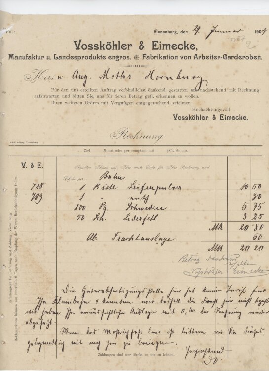 Aug. Moothsan Vossköhler & Eimecke- Rechnung - 29.01.1904