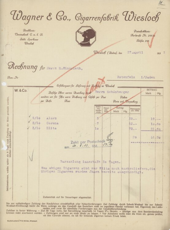 Firma M. Winzrieth (Kaufhaus)an Wagner & Co, Cigarrengfabrik- Rechnung - 27.04.1933