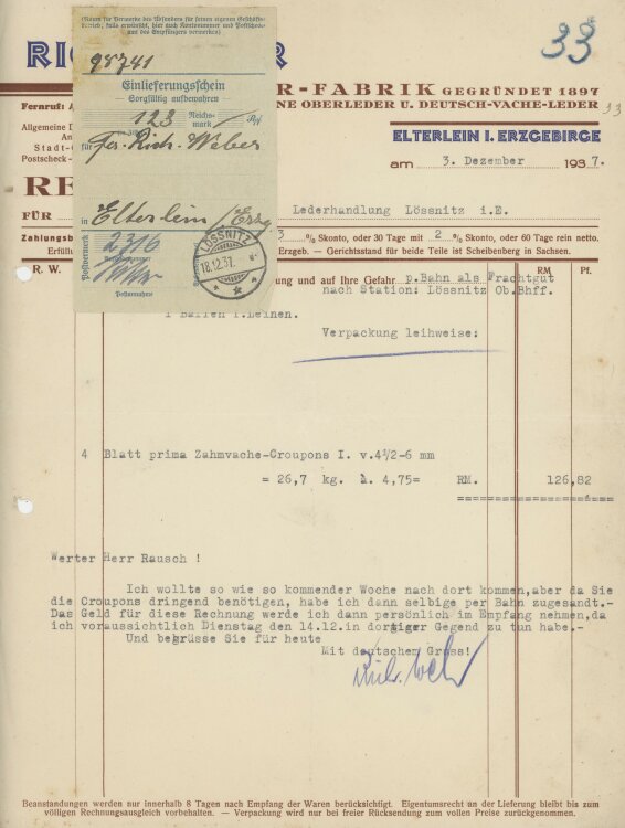 Lederhandlung Lössnitzan Rich. Weber Leder-Fabrik- Rechnung - 03.12.1937