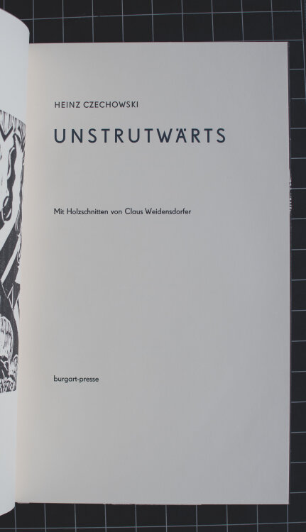 Claus Weidensdorfer - Unstrutwärts - 1994 - 9 Holzschnitte, teils farbig auf Zerkall-Bütten mit Gedichten als Buch gebunden sowie einem weitren farbholzschnitt auf dem Vorder- und Hinterdeckel des Einbandes