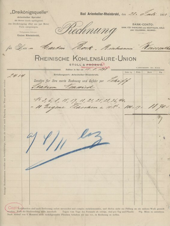 Martin Bock Bierbrauereian Rheinische Kohlensäure-Union- Rechnung - 28.07.1898