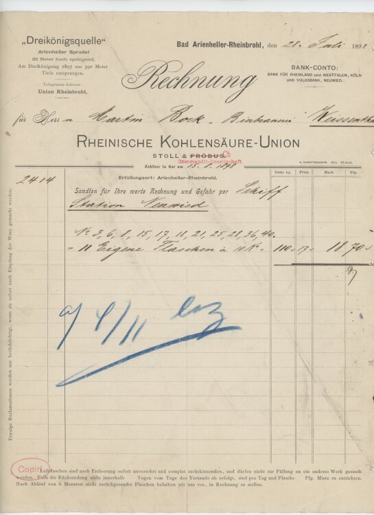 Martin Bock Bierbrauereian Rheinische Kohlensäure-Union- Rechnung - 28.07.1898