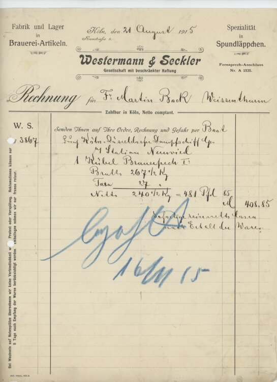 Martin Bock Bierbrauerei Witwean Westermann & Seckler- Rechnung - 21.08.1915