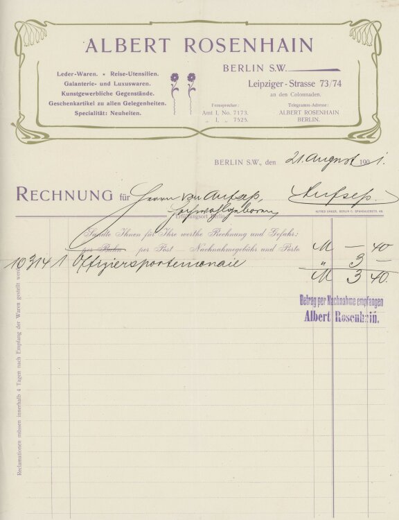 Otto von Aufsessan Albert Rosenhain- Rechnung - 21.08.1901