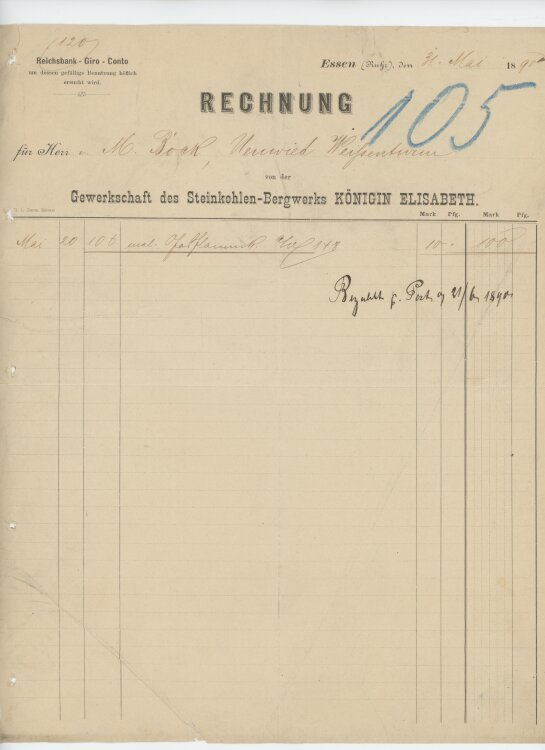 Martin Bock Bierbrauereian Gewerkschaft des Steinkohlen-Bergwerks Königin Elisabeth- Rechnung - 31.05.1890