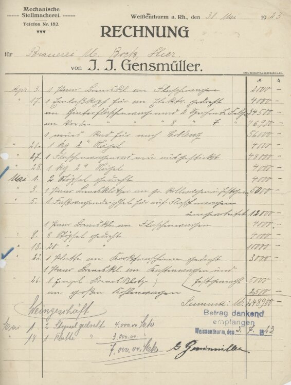 Martin Bock Bierbrauereian J. J. Gensmüller Mechanische Stellmacherei- Rechnung - 31.05.1923