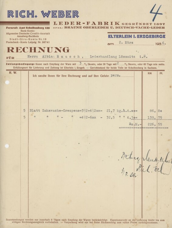 Albin Rausch, Lederhandlungan Rich. Weber Leder-Fabrik- Rechnung - 02.03.1936