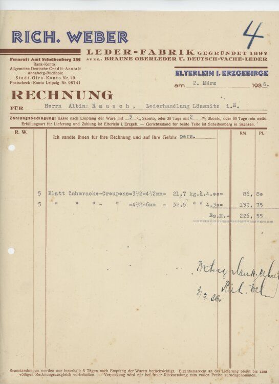 Albin Rausch, Lederhandlungan Rich. Weber Leder-Fabrik- Rechnung - 02.03.1936