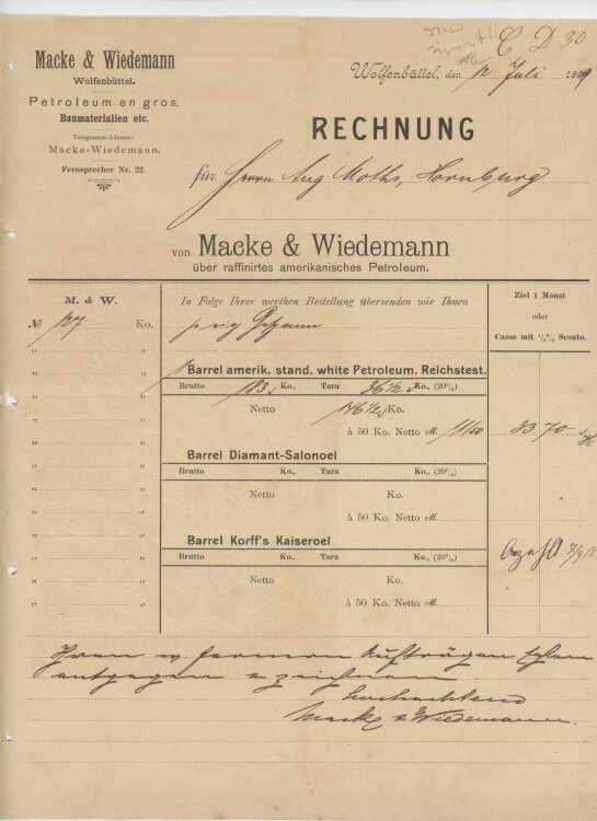 Aug. Mothsan Macke & Wiedemann- Rechnung - 12.07.1899