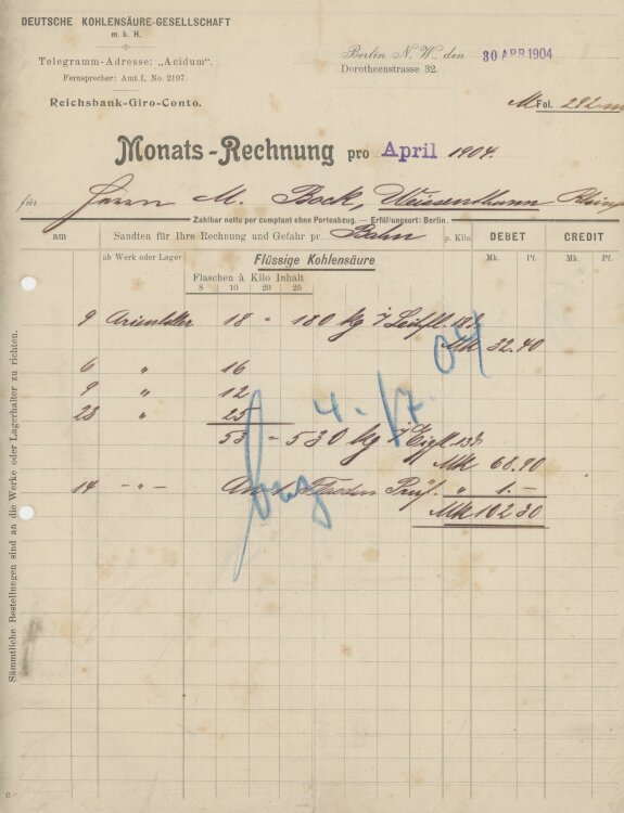 Martin Bock Bierbrauereian Deutsche Kohlensäure Gesellschaft- Rechnung - 30.04.1904