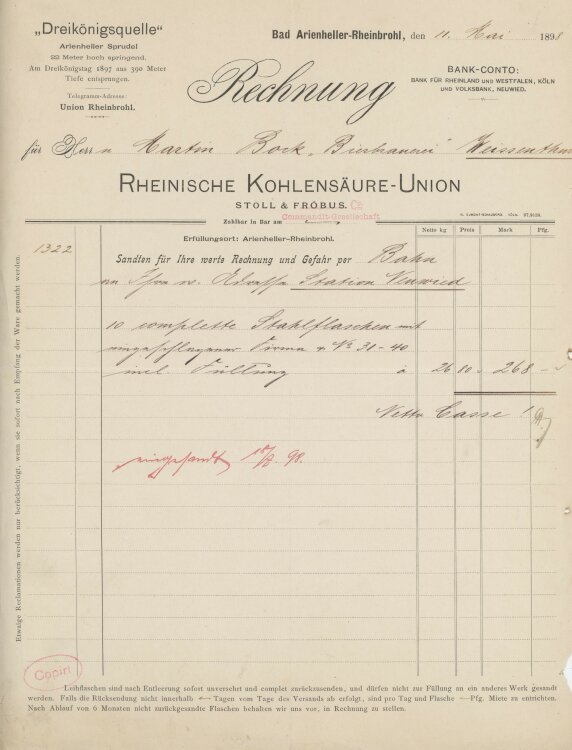 Martin Bock Bierbrauereian Rheinische Kohlensäre-Union- Rechnung - 11.05.1898