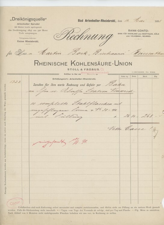 Martin Bock Bierbrauereian Rheinische Kohlensäre-Union- Rechnung - 11.05.1898