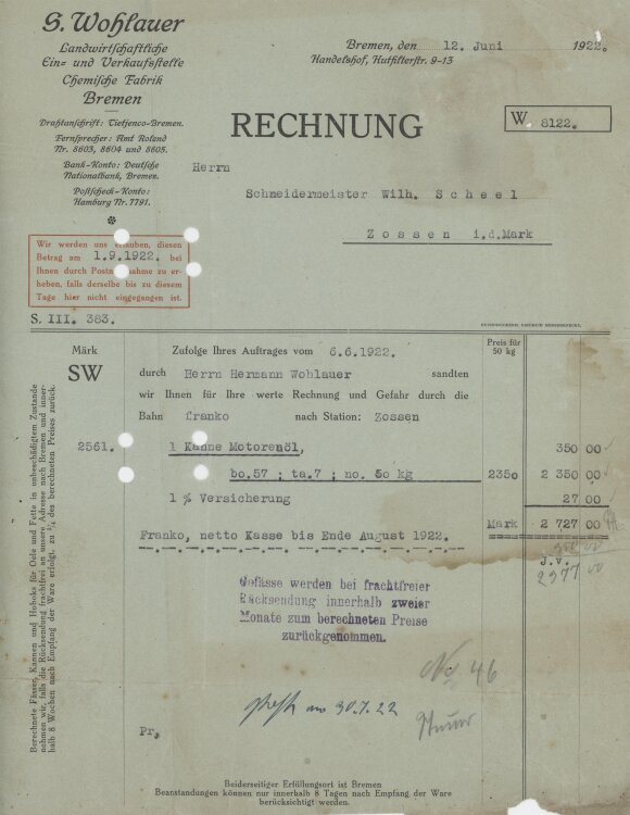 Wilhelm Scheelan G. Wohlauer- Rechnung - 12.06.1922