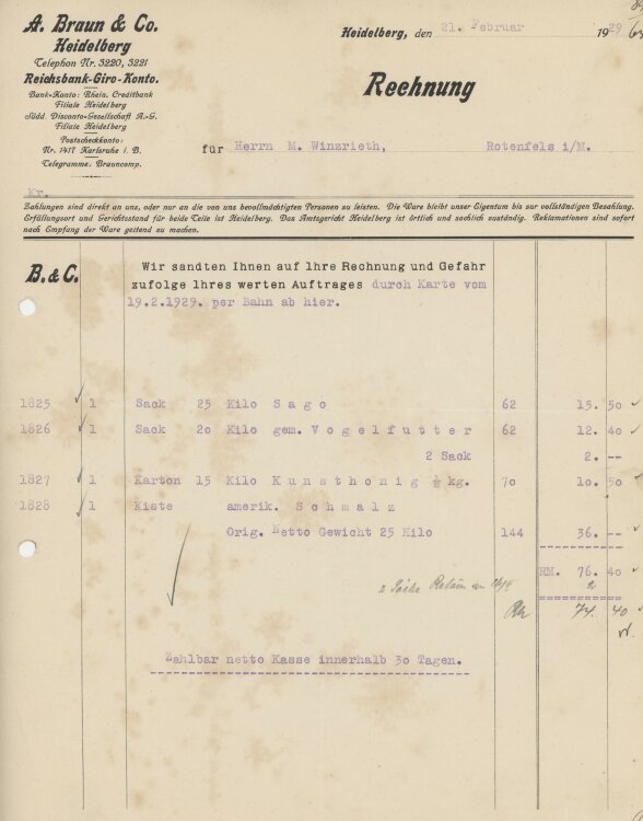 Firma M. Winzrieth (Kaufhaus)an A. Braun & Co.- Rechnung - 21.02.1929