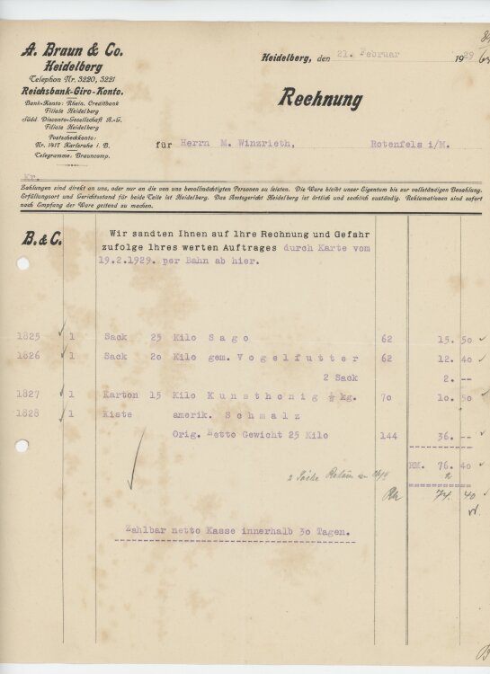 Firma M. Winzrieth (Kaufhaus)an A. Braun & Co.- Rechnung - 21.02.1929