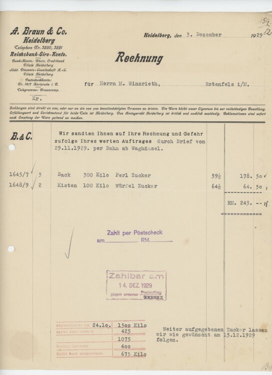 Firma M. Winzrieth (Kaufhaus)an A. Braun & Co.- Rechnung - 03.12.1929