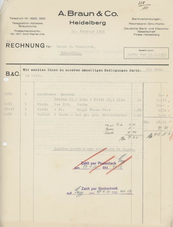 Firma M. Winzrieth (Kaufhaus)an A. Braun & Co.- Rechnung - 16.02.1931