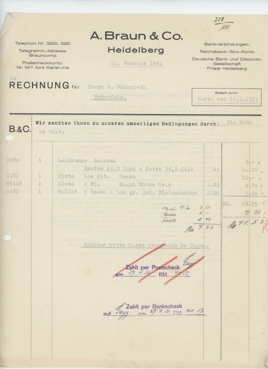 Firma M. Winzrieth (Kaufhaus)an A. Braun & Co.- Rechnung - 16.02.1931