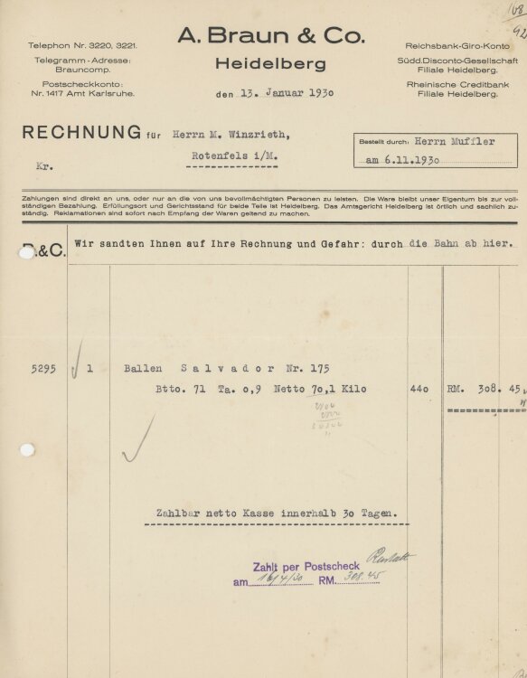 Firma M. Winzrieth (Kaufhaus)an A. Braun & Co.- Rechnung - 06.11.1930