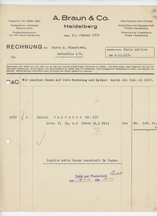 Firma M. Winzrieth (Kaufhaus)an A. Braun & Co.- Rechnung - 06.11.1930