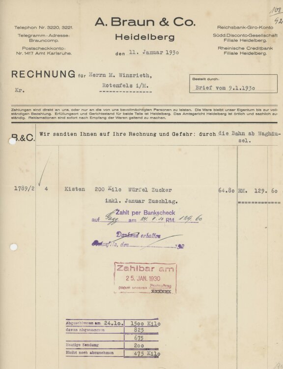 Firma M. Winzrieth (Kaufhaus)an A. Braun & Co.- Rechnung - 09.01.1930