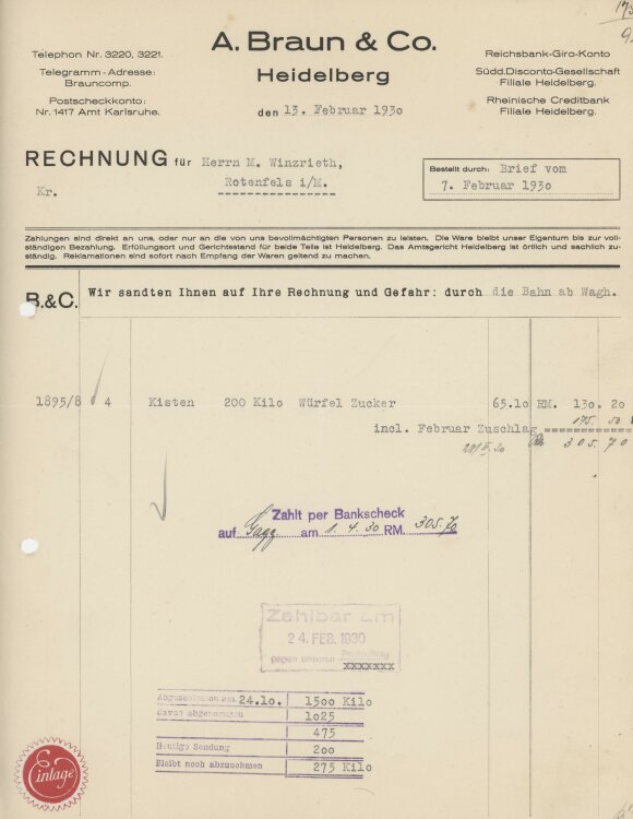 Firma M. Winzrieth (Kaufhaus)an A. Braun & Co.- Rechnung - 07.02.1930