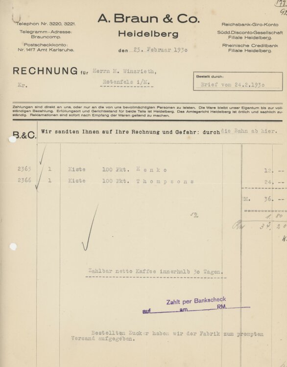 Firma M. Winzrieth (Kaufhaus)an A. Braun & Co.- Rechnung - 24.02.1930