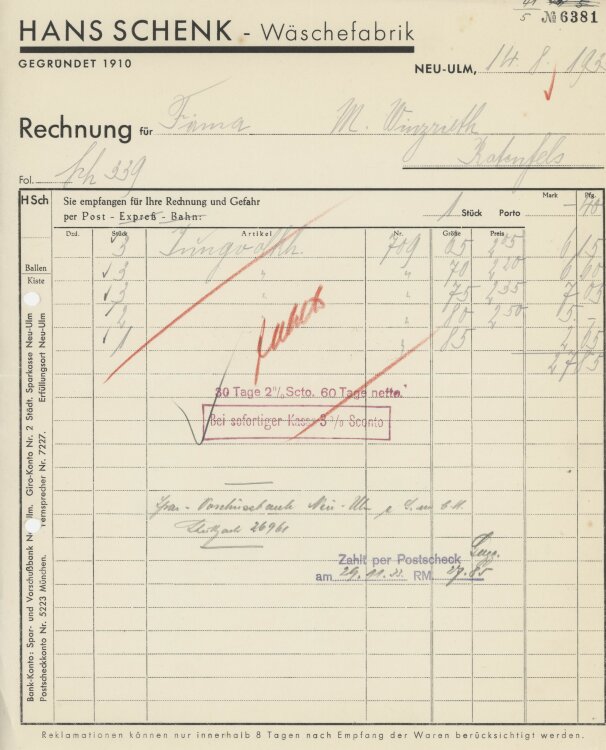 Firma M. Winzrieth (Kaufhaus)an Hans Schenk...