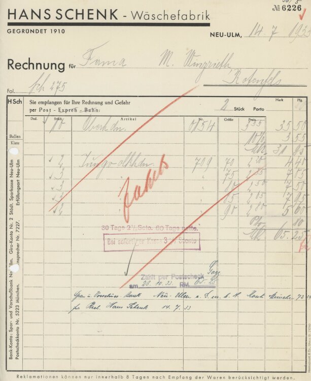 Firma M. Winzrieth (Kaufhaus)an Hans Schenk Wäschefabrik- Rechnung - 14.07.1933