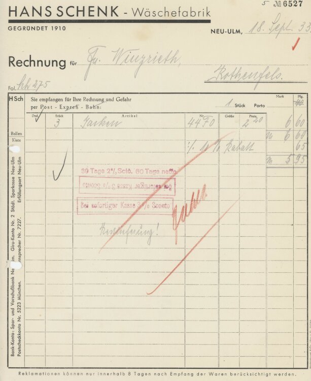 Firma M. Winzrieth (Kaufhaus)an Hans Schenk Wäschefabrik- Rechnung - 18.09.1933