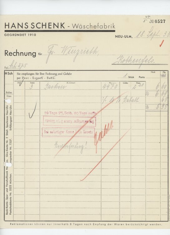 Firma M. Winzrieth (Kaufhaus)an Hans Schenk Wäschefabrik- Rechnung - 18.09.1933