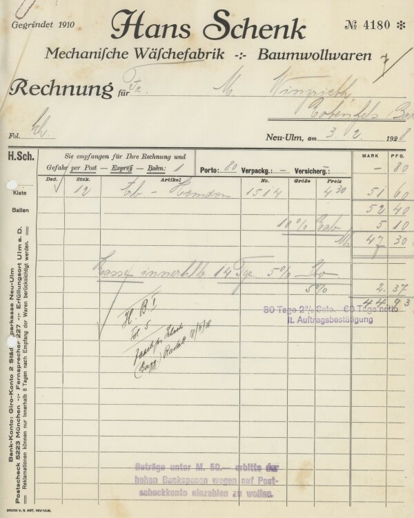 Firma M. Winzrieth (Kaufhaus)an Hans Schenk...