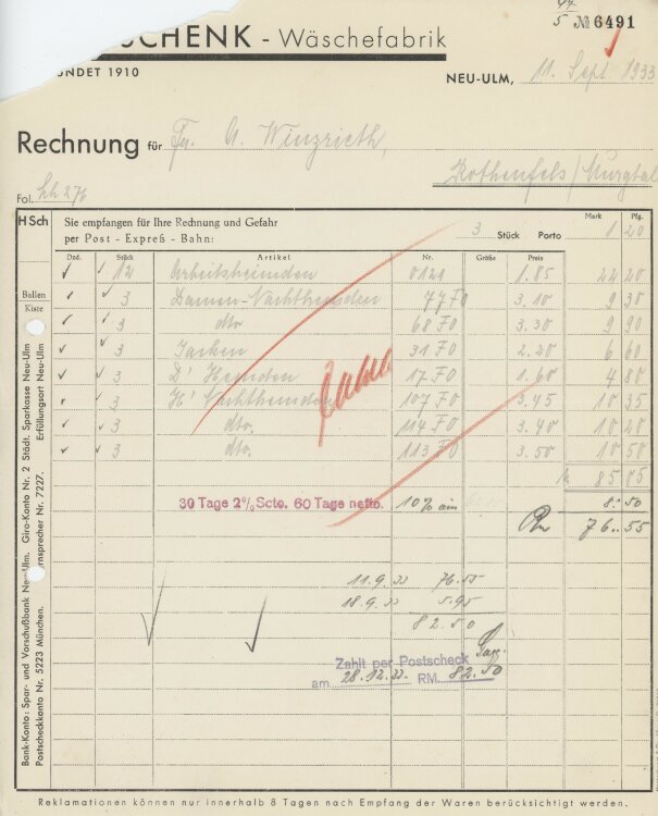 Firma M. Winzrieth (Kaufhaus)an Hans Schenk Wäschefabrik- Rechnung - 11.09.1933