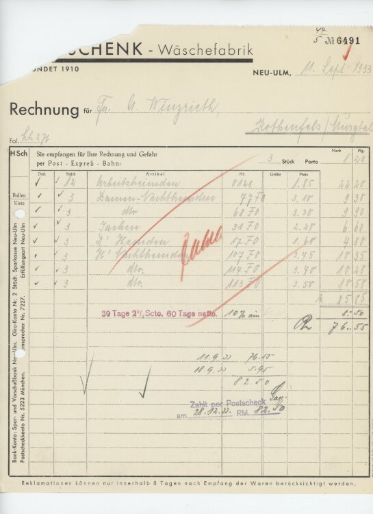 Firma M. Winzrieth (Kaufhaus)an Hans Schenk Wäschefabrik- Rechnung - 11.09.1933