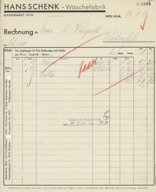 Firma M. Winzrieth (Kaufhaus)an Hans Schenk...